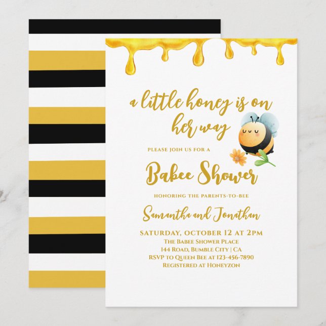 Little Honey Bee Theme Simple Girl Baby Shower Invitation (Front/Back)