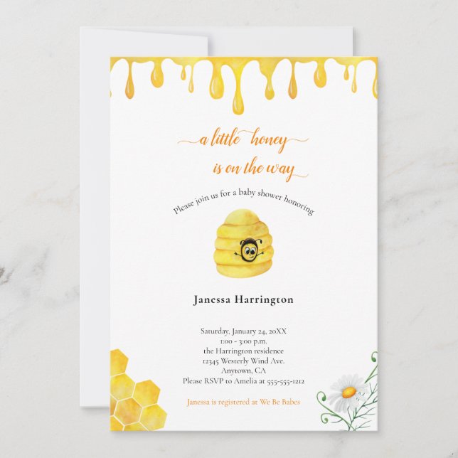 Little Honey Bee Watercolor Baby Shower Invitation (Front)