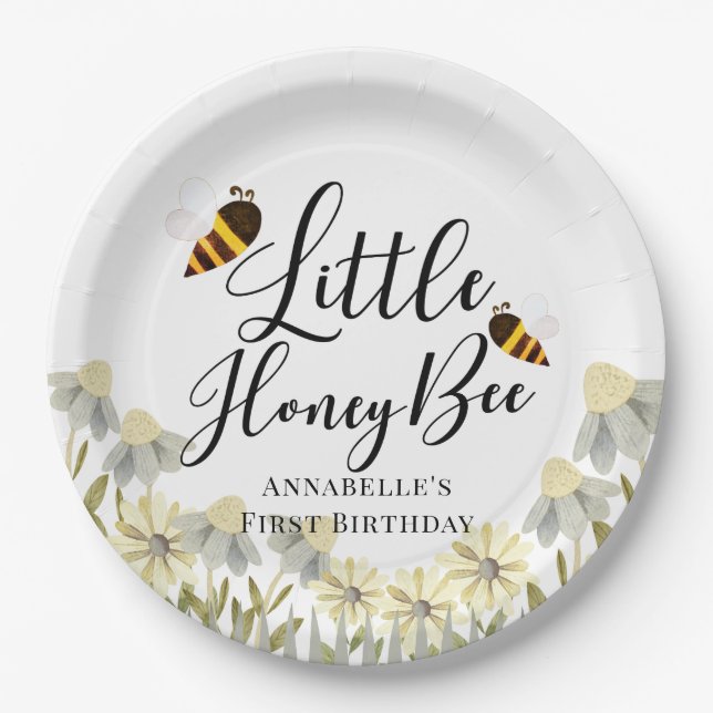 Little Honey Bee White Kids Birthday Paper Plate (Front)