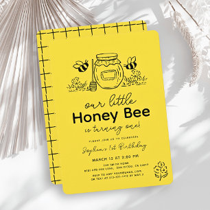Little Honey Bee Yellow Hand-drawn 1st Birthday Invitation