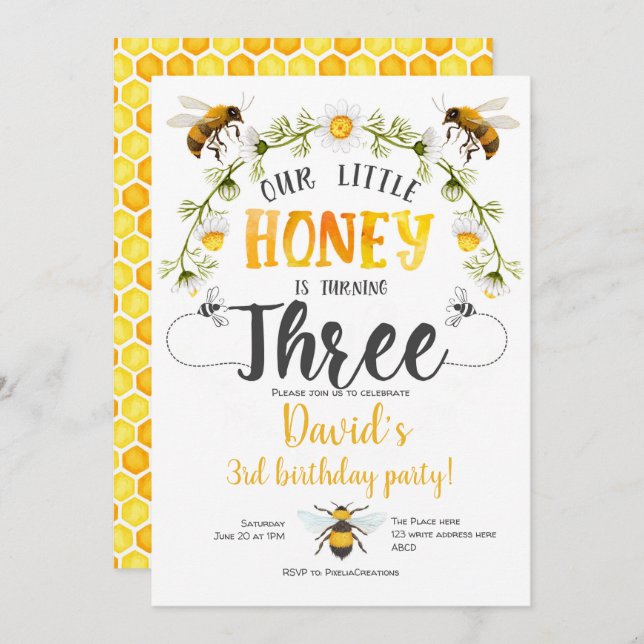 Little Honey, Bumble bee, Bee,Boy,  3rd birthday Invitation (Front/Back)