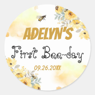 Little Honey Floral Watercolor Bee 1st Birthday Classic Round Sticker