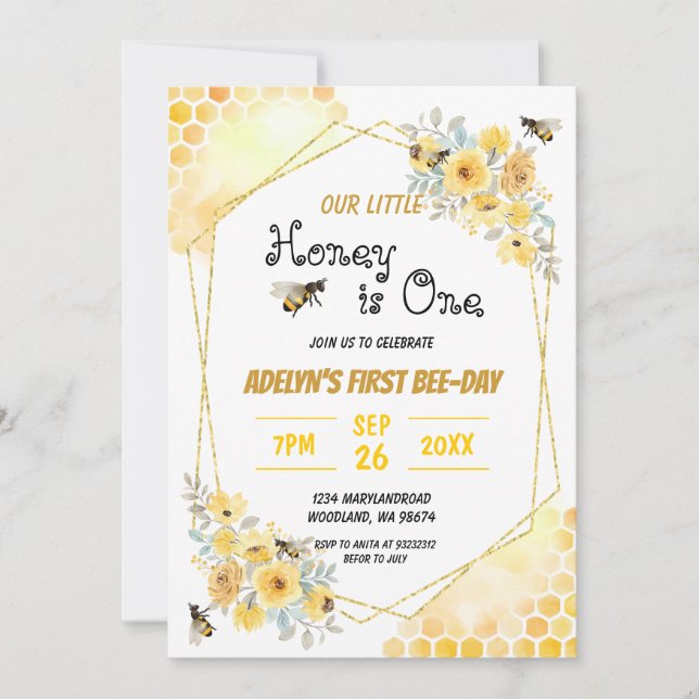 Little Honey Floral Watercolor Bee 1st Birthday  Invitation (Front)