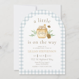 Little Honey On The Way Blue Gingham Baby Shower  Invitation