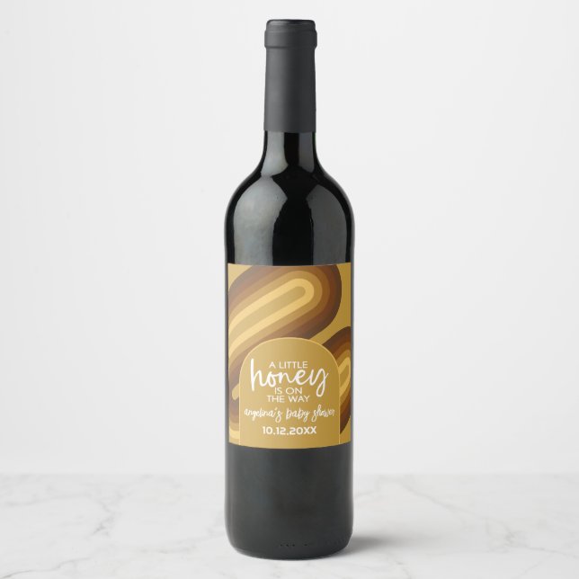 Little Honey on the Way Retro Stripes Baby Shower Wine Label (Front)