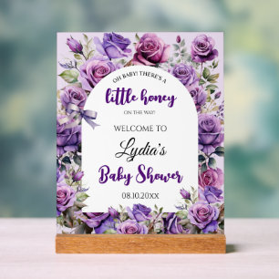 Little Honey Purple Roses Baby Shower Welcome Acrylic Sign