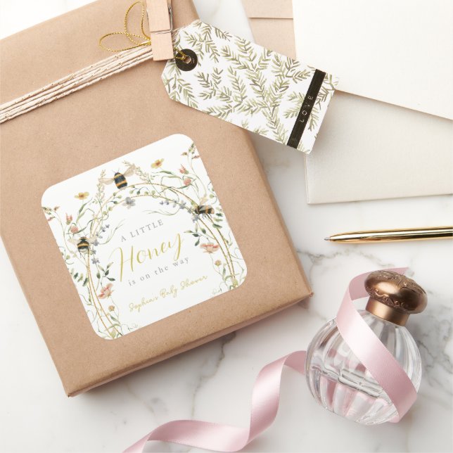 Little Honey Wildflower Bee Baby Shower Square Sticker (Gifting)