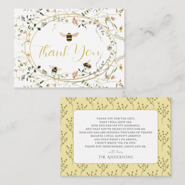 Little Honey Wildflower Bee Baby Shower Thank You Card (Front/Back)