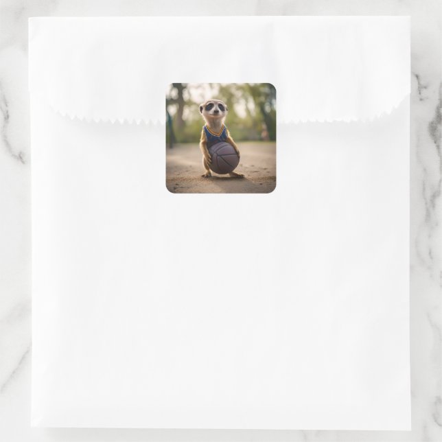 Little Hoop Star: Baby Meerkat Holding Basketball Square Sticker (Bag)