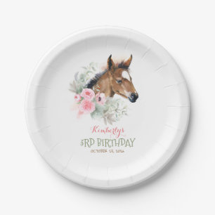 Little Horse Cute Pink Floral Birthday Paper Plate