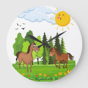 Little horses design for kids large clock