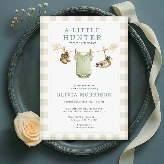 Little Hunter Clothesline Gingham Boy Baby Shower Invitation (Creator Uploaded)