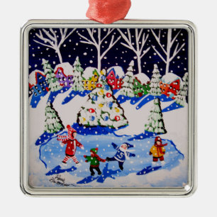 Little Ice Skaters Fun Winter Folk Art Ornament
