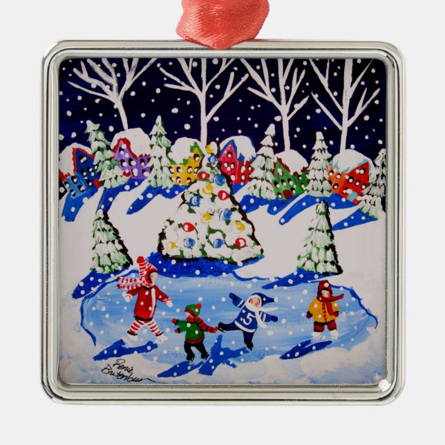 Little Ice Skaters Fun Winter Folk Art Ornament (Front)