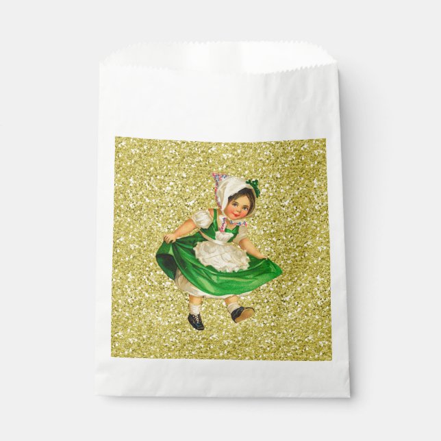 Little Irish Girl in Green Dress Gold Faux Glitter Favour Bags (Front)