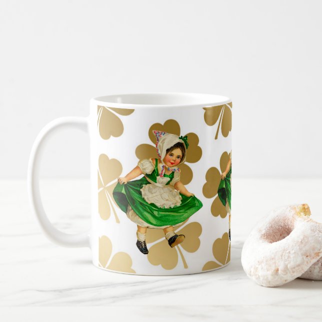 Little Irish Girl in Green Dress & Gold Shamrocks Coffee Mug (With Donut)
