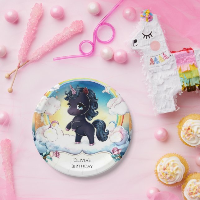 Little Joyful Black Unicorn Birthday Paper Plate (Party)
