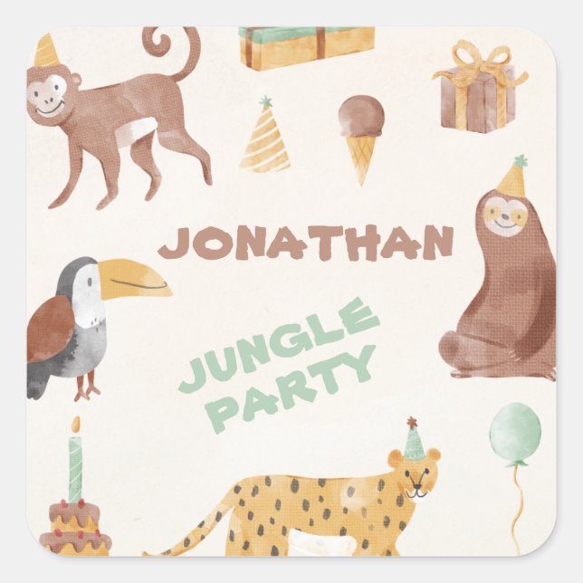 Little Jungle Animals Birthday Square Sticker (Front)