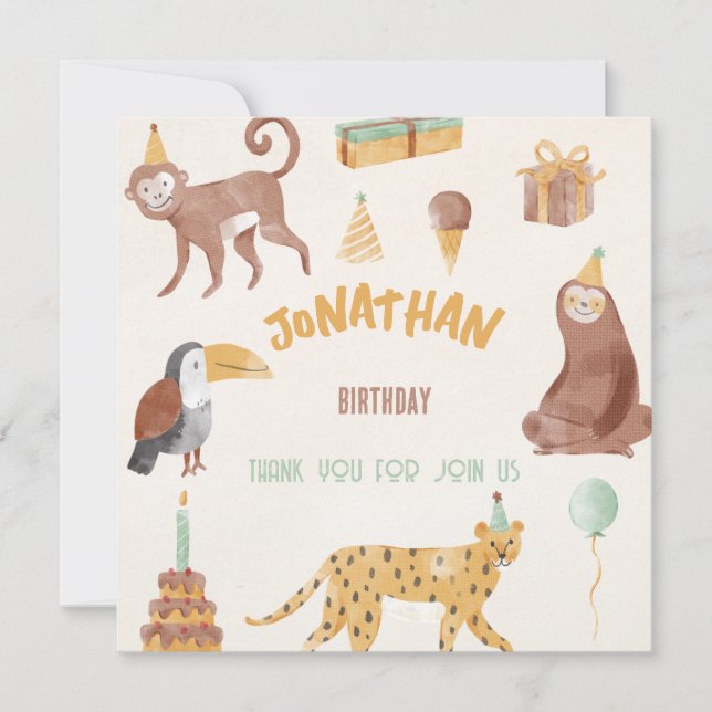 Little Jungle Animals Birthday Thank You Card (Front)