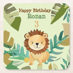 Little Jungle Prince Lion Birthday Square Paper Coaster