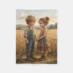 Little Kid Friends In Rustic Farm Setting Fleece B Blanket
