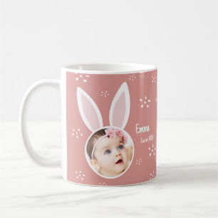 Little Kid Photo w/ Bunny Ears + Name Easter Pink Coffee Mug