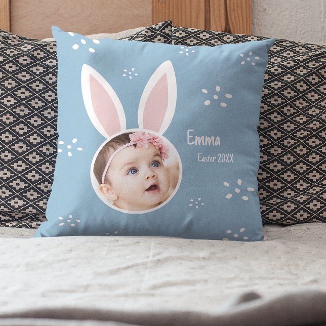 Little Kid Photo with Bunny Ears and Name Easter Cushion (Creator Uploaded)