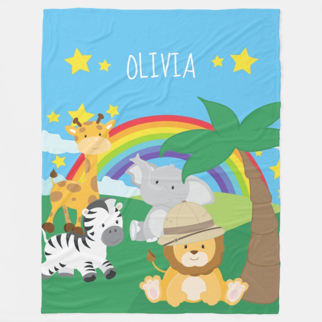 Little Kids Safari Jungle Animals and First Name Fleece Blanket (Front)