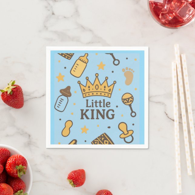 “Little King Baby Shower Banner – Blue & Gold Crow Napkin (Insitu)