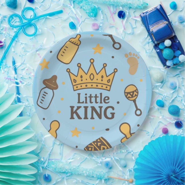 “Little King Baby Shower Banner – Blue & Gold Crow Paper Plate (Party)
