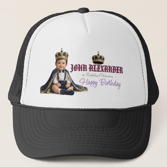 Little King First Birthday Invitation Trucker Hat (Front)
