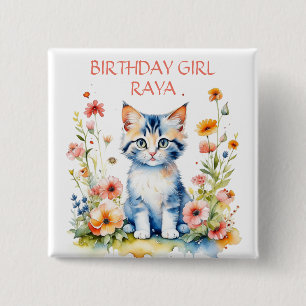 Little Kitten Girl's Birthday Party Personalised 15 Cm Square Badge