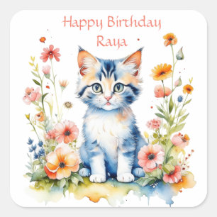 Little Kitten Girl's Birthday Party Personalised Square Sticker