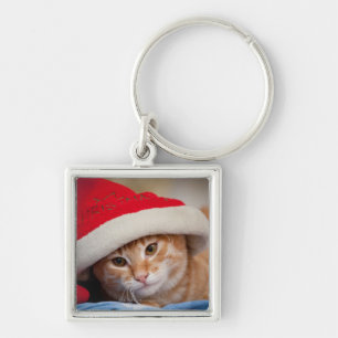 Little Kitten in Red Christmas Hat Key Ring