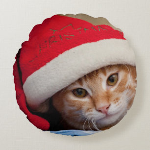 Little Kitten in Red Christmas Hat Round Cushion