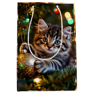 Little Kitten on Christmas Tree   Medium Gift Bag