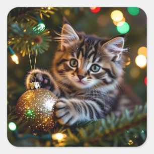 Little Kitten on Christmas Tree Square Sticker