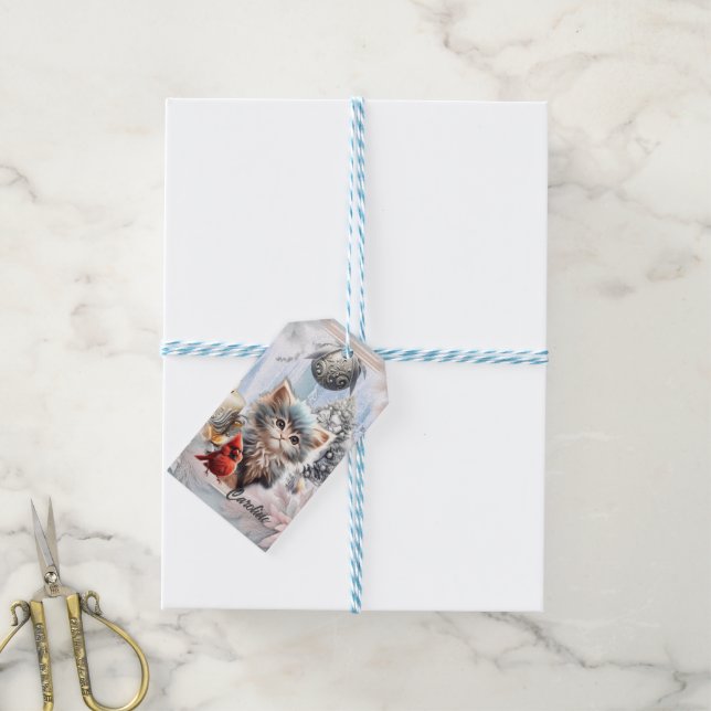 Little kitten with bird. gift tags (With Twine)