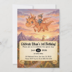 Little Knight Riding a Dragon Birthday Invitation