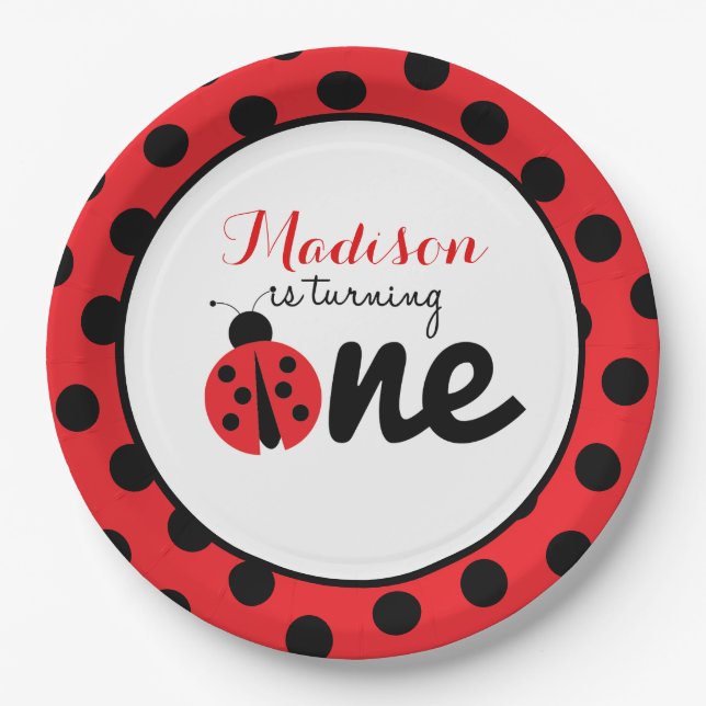Little Lady Ladybug First Birthday Polka Dot Paper Plate (Front)