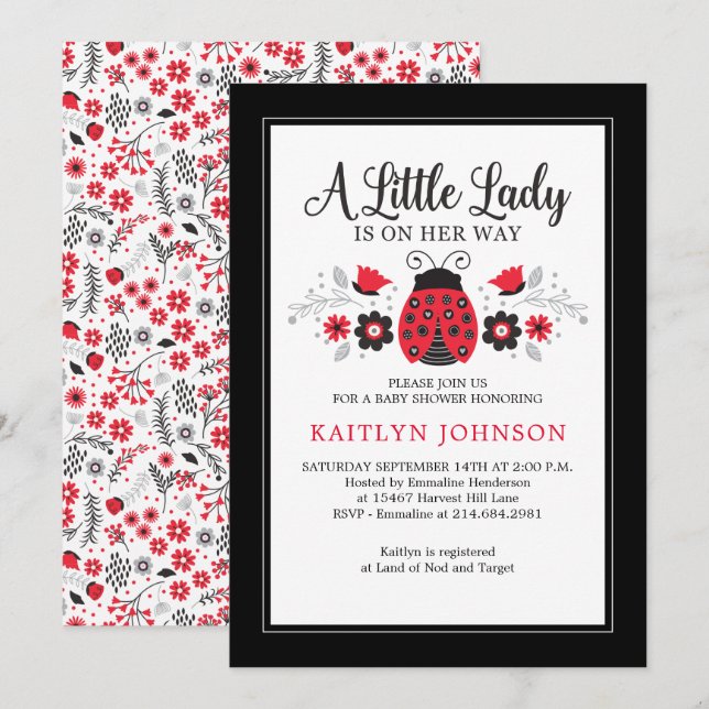 Little Lady Ladybug Floral Girl Baby Shower Invitation (Front/Back)