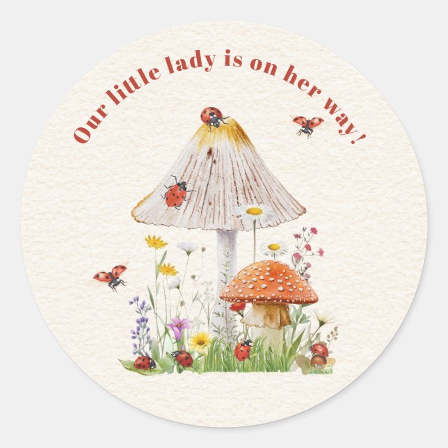 Little Lady Ladybug Mushroom Flowers Baby Shower Classic Round Sticker (Front)