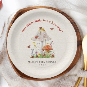 Little Lady Ladybug Mushroom Flowers Baby Shower Paper Plate