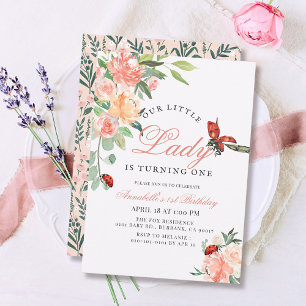 Little Lady Ladybug Roses Girl 1st Birthday Invitation