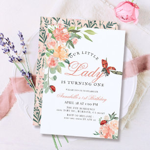 Little Lady Ladybug Roses Girl 1st Birthday Invitation