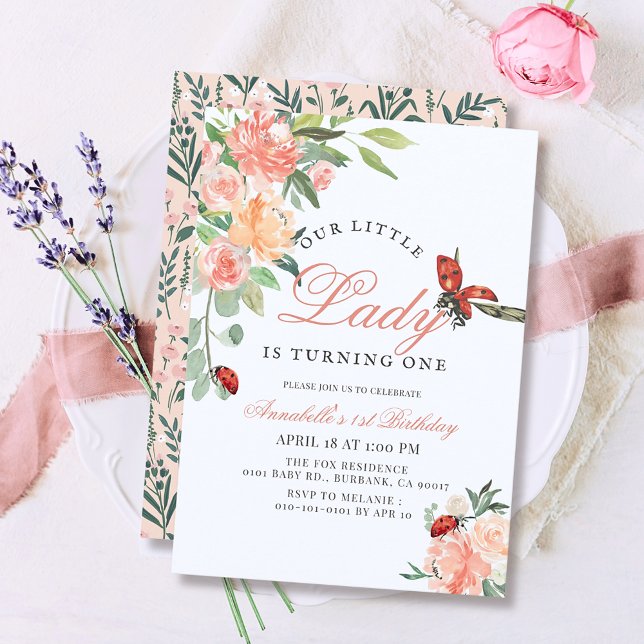 Little Lady Ladybug Roses Girl 1st Birthday Invitation (Creator Uploaded)