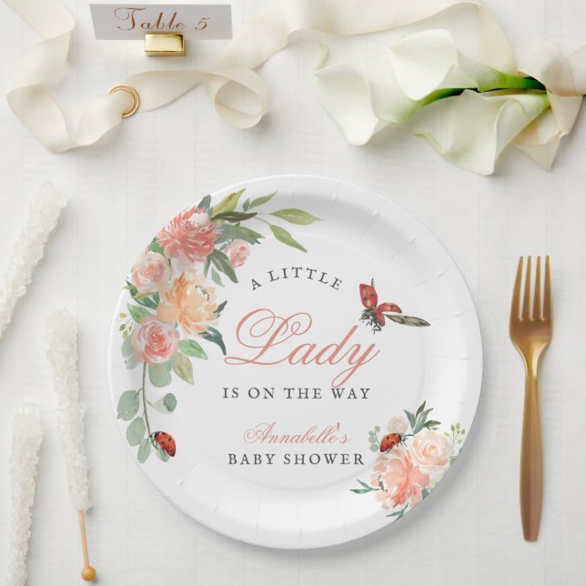 Little Lady Ladybug Roses Girl Baby Shower Paper Plate (Wedding)