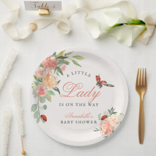 Little Lady Ladybug Roses Girl Baby Shower Paper Plate