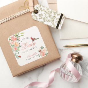 Little Lady Ladybug Roses Girl Baby Shower Square Sticker