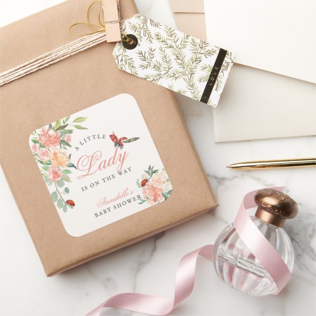 Little Lady Ladybug Roses Girl Baby Shower Square Sticker (Gifting)